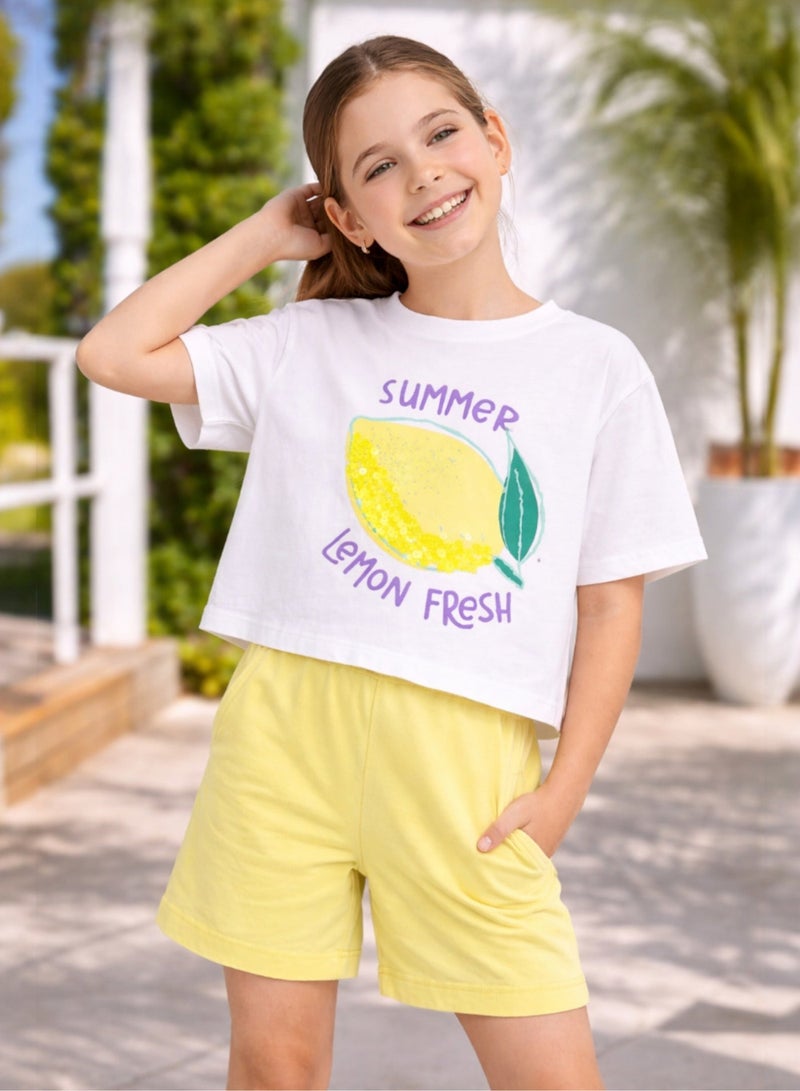 victor and jane Girls 2 Pc Set Lemon Print Sequin Top & Shorts Set – White & Yellow - Image 3